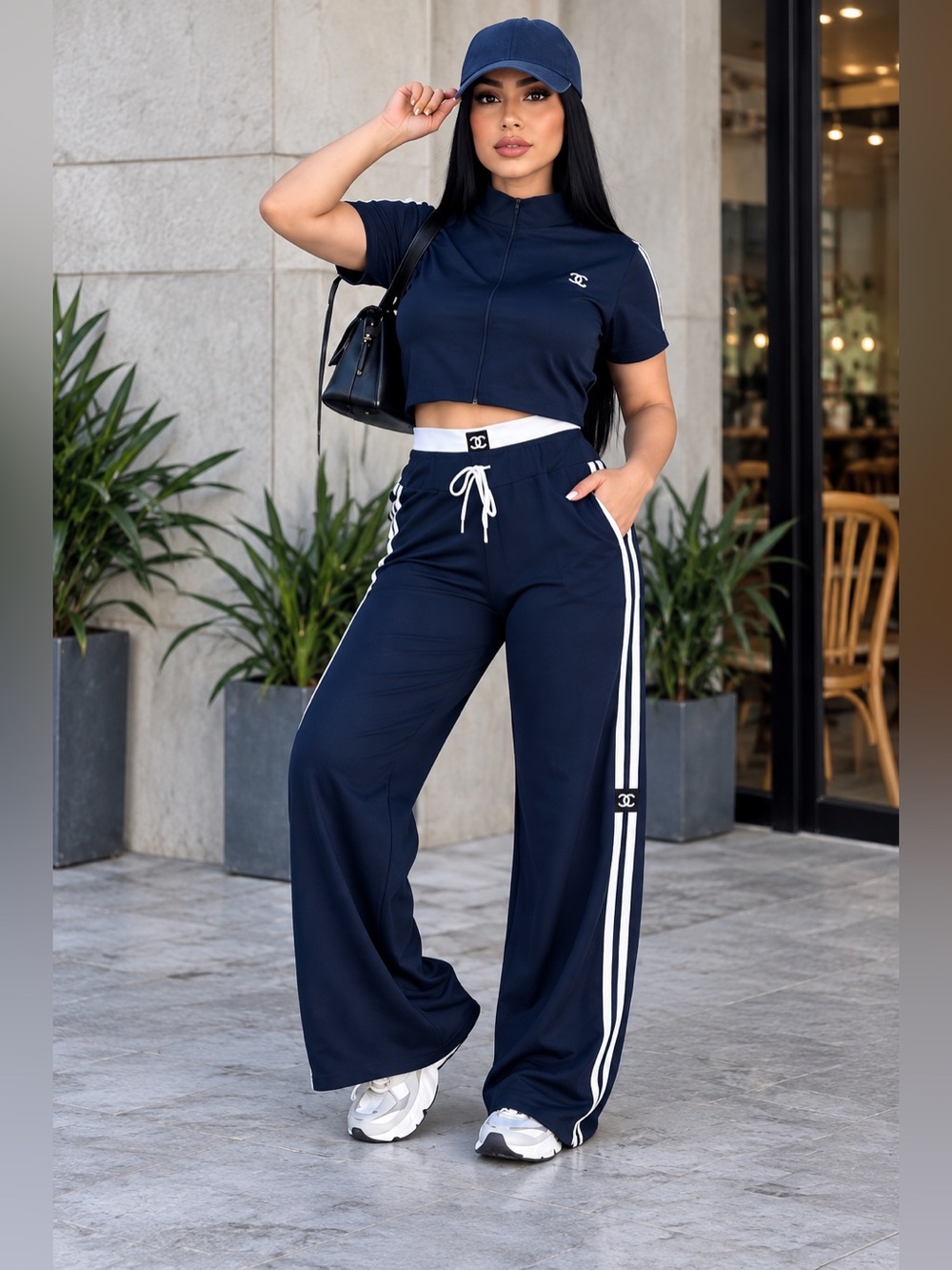 Navy Two Piece Matching Wide-Leg Track Pants with Zip Front top size S